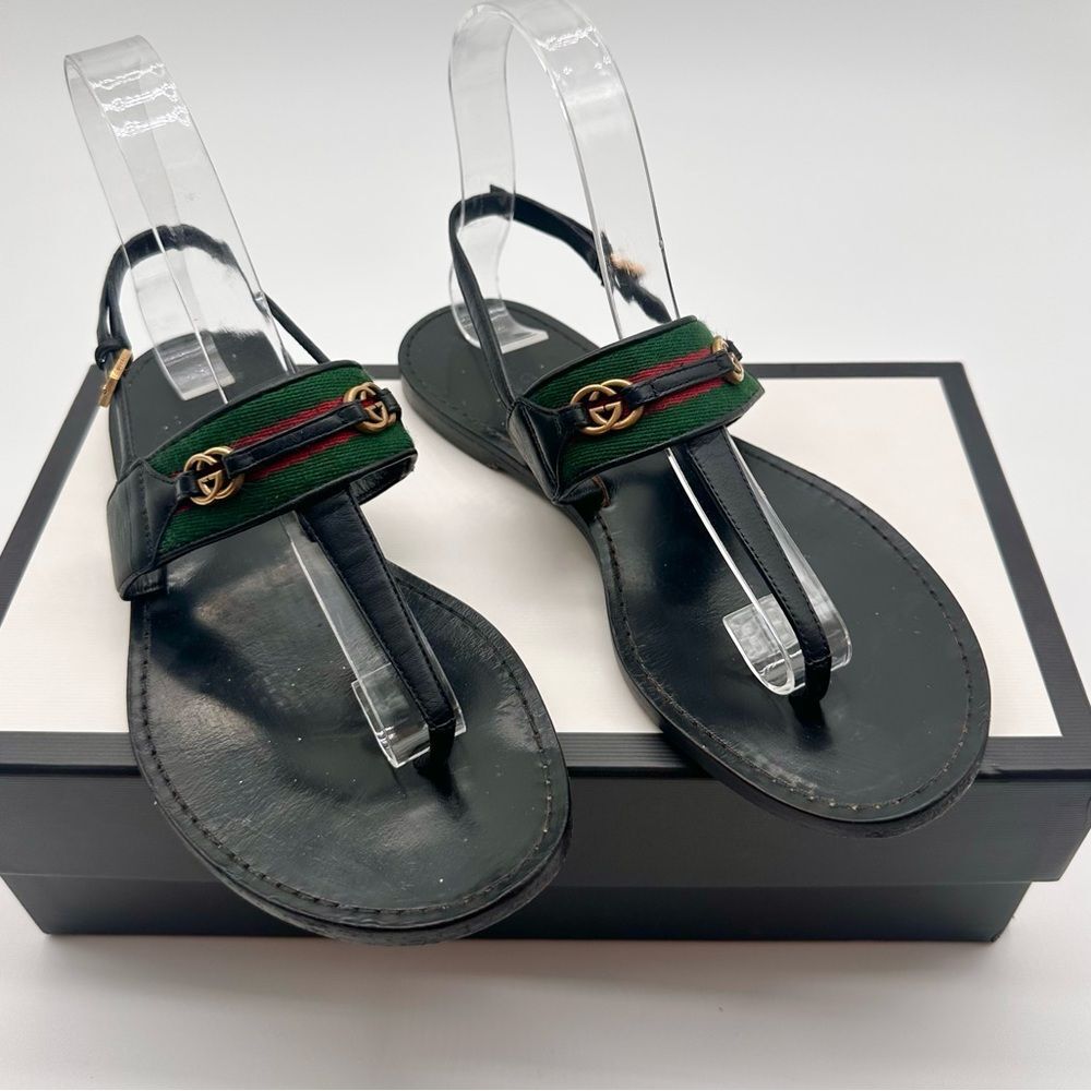 Gucci Siryo GG Web Strap Flat Leather Sandals Interlocking Black Thong EU 36.5